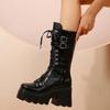 Fashion Winter 2025 New Women's Fashion Mid Tube Boots Lace Up High Platform Wedge Boots New Women's Fashion Solid Color Boots