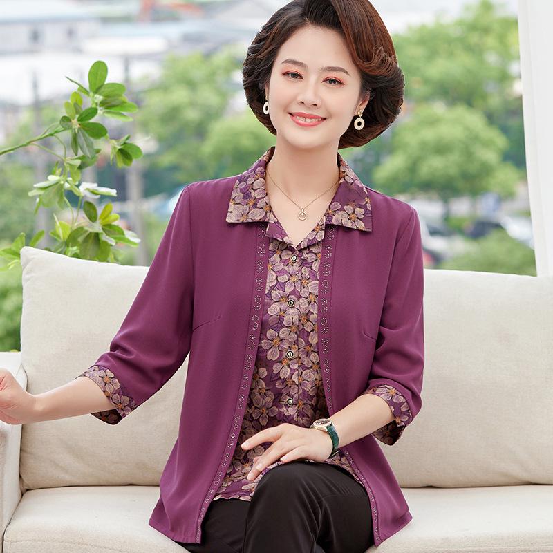 

Fashionable Floral Faux Two-Piece Long-Sleeve Shirt for Middle-Aged & Elderly Women, Stylish Spring/Autumn Top 5XL (approx. 150-165 lbs) фіолетовий