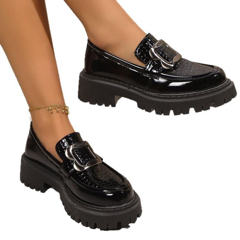 Large Size Square Buckle Thick Sole Heightening Women's Autumn and Winter New Single Shoes Fashionable Versatile Small Leather Shoes