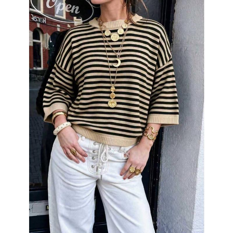 Women Loose Fit Crew Neck 3 4 Sleeve Striped Knit Sweater