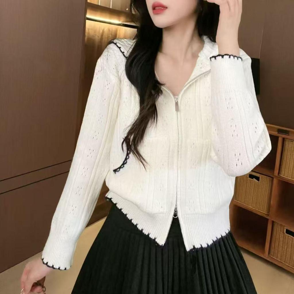 Korean Style White Knit Hooded Cardigan - Women's Loose Casual Lightweight Fall Sweater