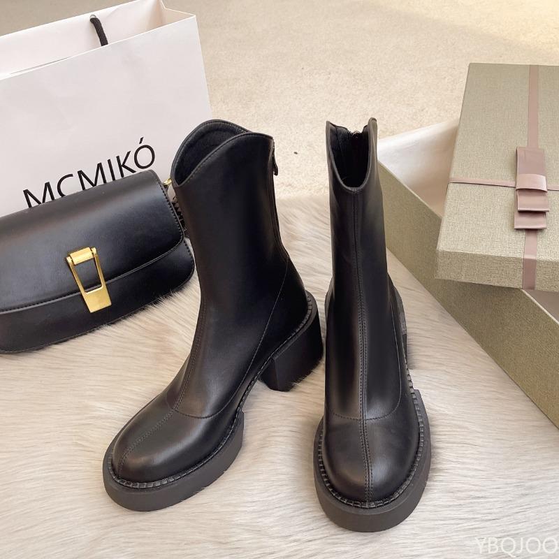 Coarse heeled thick soled short boots for women winter new versatile zipper retro simple comfortable boots for women