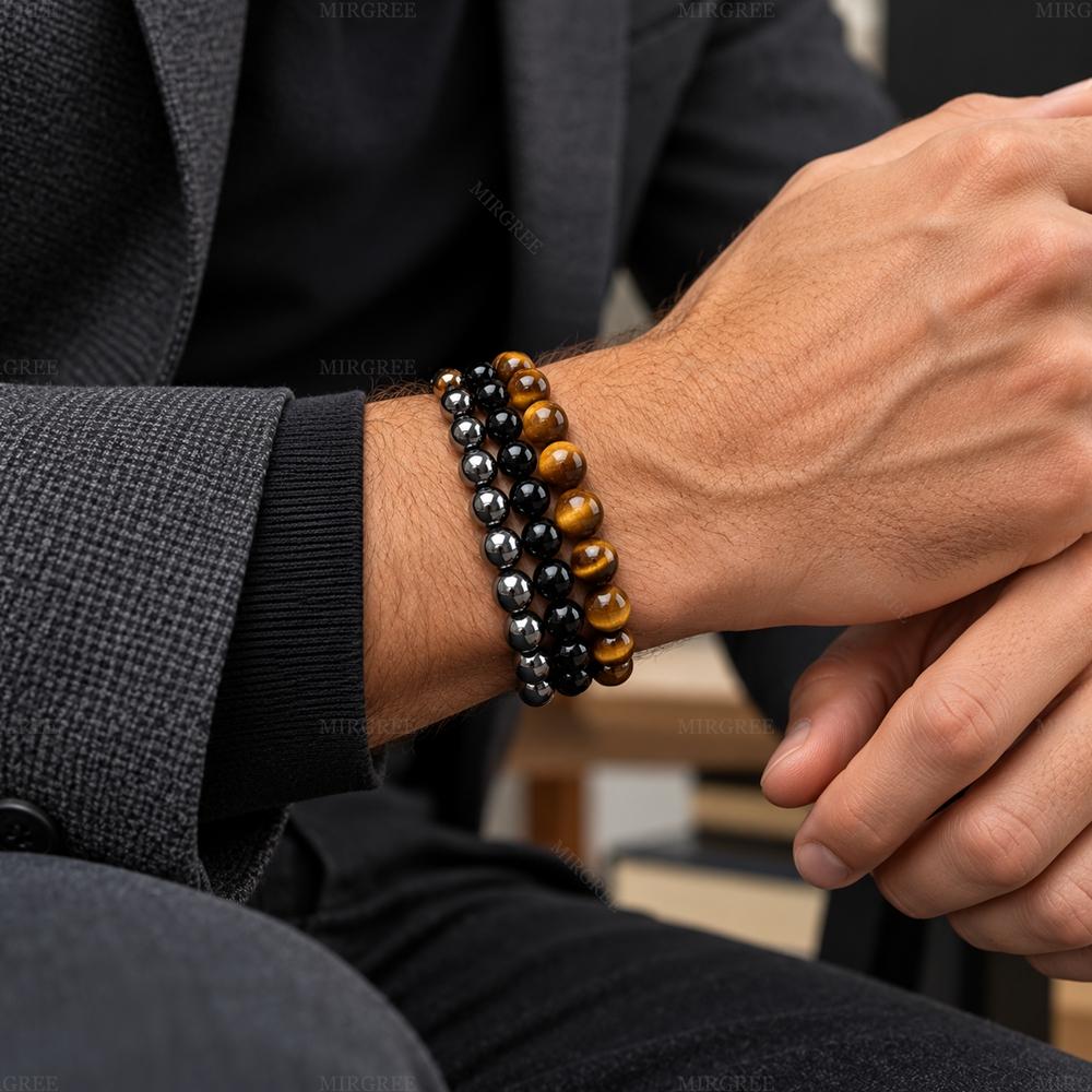 MIRGREE 3PCS/Set Natural Stone Beaded Bracelet Set for Men, Tiger Eye & Black Stretch Bracelets, Success, Focus & Confidence Inspired Jewelry Gift