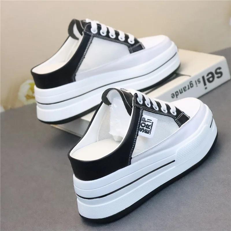 Fashion 8CM Women Summer Shoes Slippers White Genuine Leather Air Mesh Breathable Platform Wedge Heel Mules Shoes Chunky Footwear