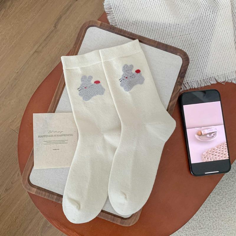 Ladies Autumn New Simple Assorted Cute Bunny College Style Breathable Sweat-absorbing Tube Cotton Socks