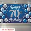 Zweidimensionales flaches Banner, 1 Stück, „Alles Gute zum 70. Geburtstag“, blaue und silberne Ballons, Polyester-Hintergrundstoff