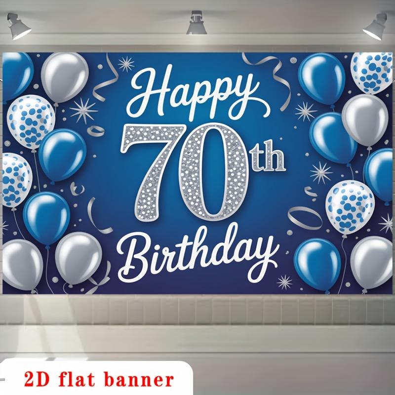 Zweidimensionales flaches Banner, 1 Stück, „Alles Gute zum 70. Geburtstag“, blaue und silberne Ballons, Polyester-Hintergrundstoff