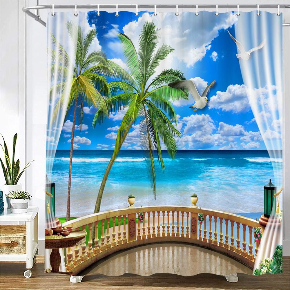 3D Seascape Beach Printed Fabric Shower Curtains Bathroom Curtain Bath Screen Waterproof Products Home Decor With Hooks