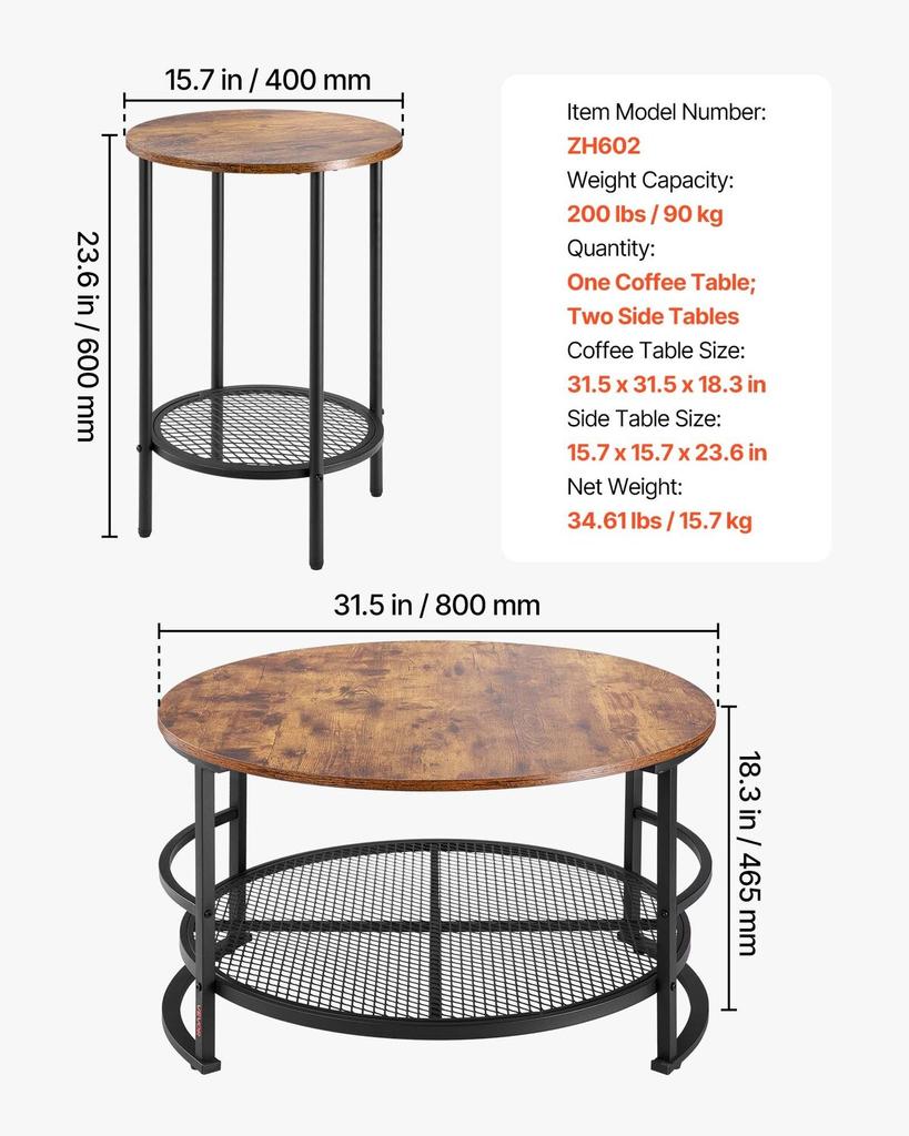 3 Pieces Round Coffee Table Sets, 80 cm Industrial Living Room Table with 2 End Side Tables, Easy Assembly Coffee and End Tables Sets with Metal Legs,