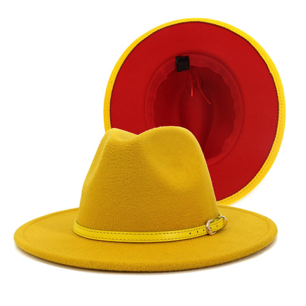QBHAT Yellow Blue Patchwork Wool Felt Fedora Hats with Yellow Leather Band Vintage Fashion Men Women Jazz Cap Panama Hat