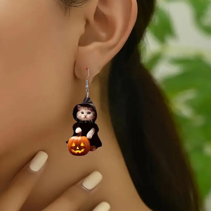 1 Pair Cat Portable Pumpkin Earrings Acrylic Flat Creative Halloween Funny Ghost Kids Earrings