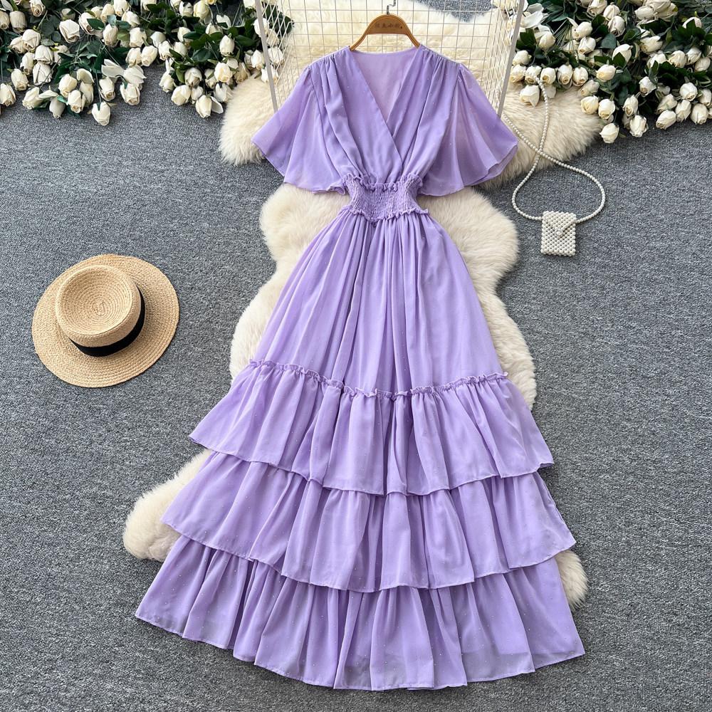 French V-neck red polka dot temperament dress women's summer waist and thin A-shaped cake dress dopamine style