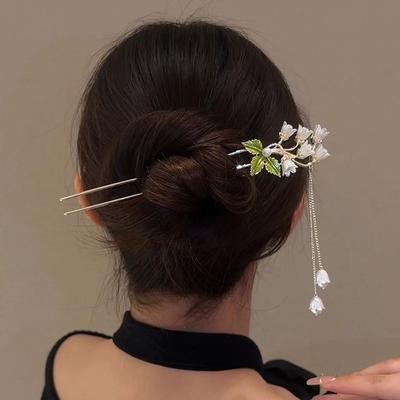 Linglan Blume Quaste Haarnadel Imitationsperle Scheibe Haar Kopfschmuck U-förmiger Haarstab Antiker Stil Cheongsam Hanfu Haarnadel