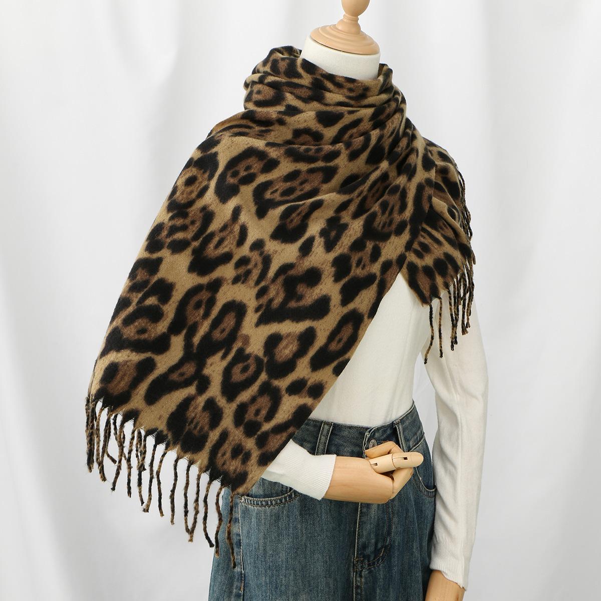 

Кашемировый шарф с леопардовым принтом, теплая зимняя шаль с кисточками 180X30cm кофейный