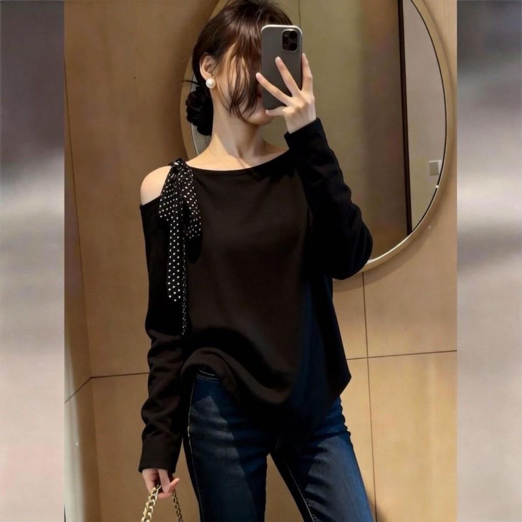 Übergroßes Schwarzes T-Shirt Mit Stickerei Und Rundem Ausschnitt Für Damen Frühling Sommer