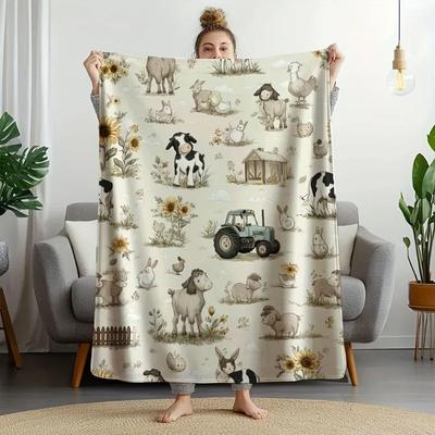 Vintage Farm Animal & Tractor Pattern Flannel Blanket Soft Throw Blanket for Bed Sofa Couch Country Style Home Decor All Seasons