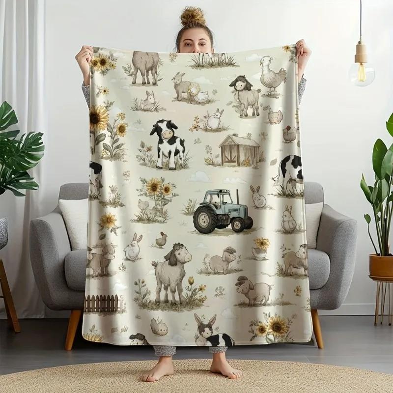 

Vintage Farm Animal & Tractor Pattern Flannel Blanket Soft Throw Blanket for Bed Sofa Couch Country Style Home Decor All Seasons 130x150cm
