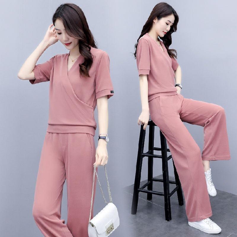 Chic Summer Women's V-Neck Top and Wide-Leg Pants Two-Piece Set - Trendy 2025 Xiaoxiang Style