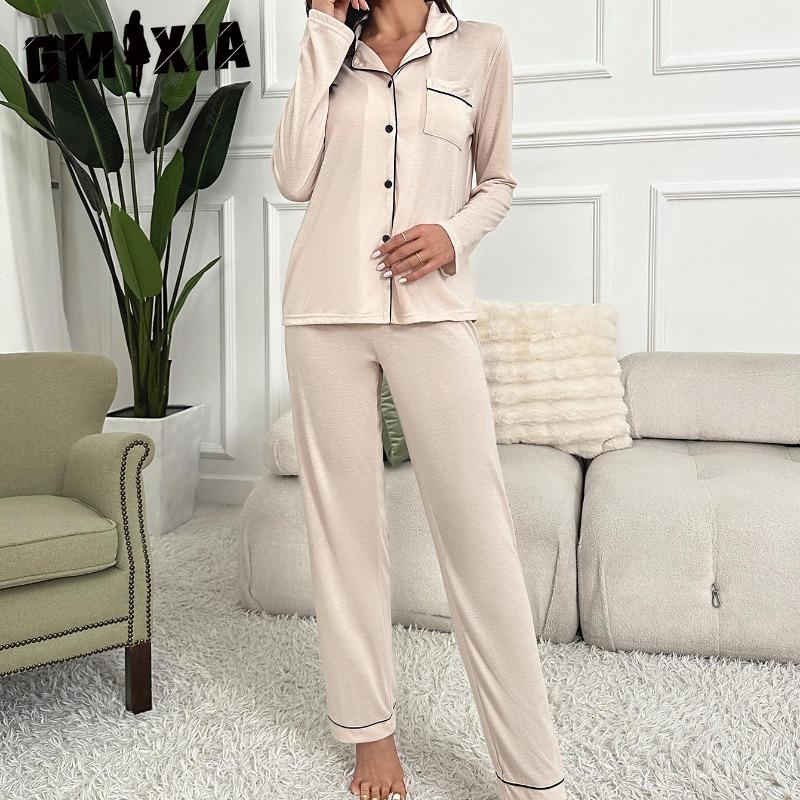 GMXIA Women's Pajamas Autumn and Winter Solid Color Cardigan Long Sleeve Loungewear Set