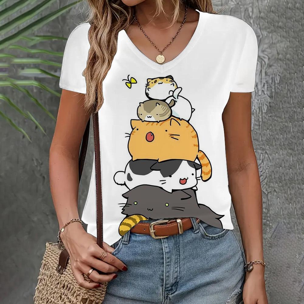 

Женская одежда Футболка Новая V-образная горловина с коротким рукавом и рисунком кошки Модный топ Летняя свободная и дышащая одежда Женская футболка 8XL
