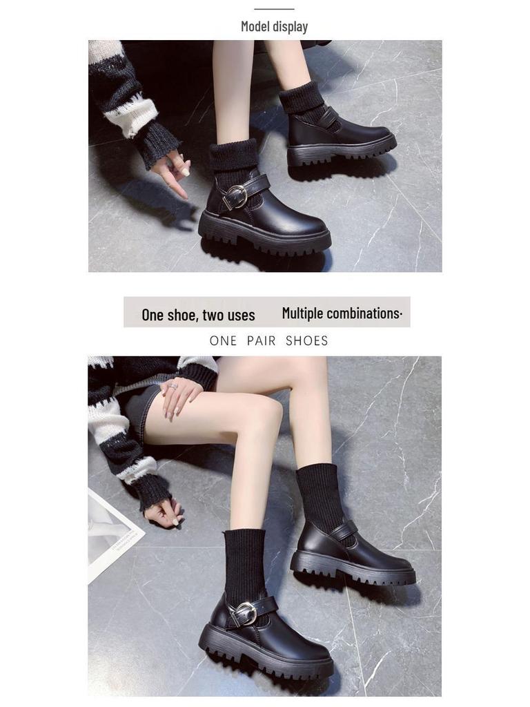 Women's Chunky Heel Knitted Wool Ankle Boots, Warm Velvet-Lined Cotton Leather Martin Style