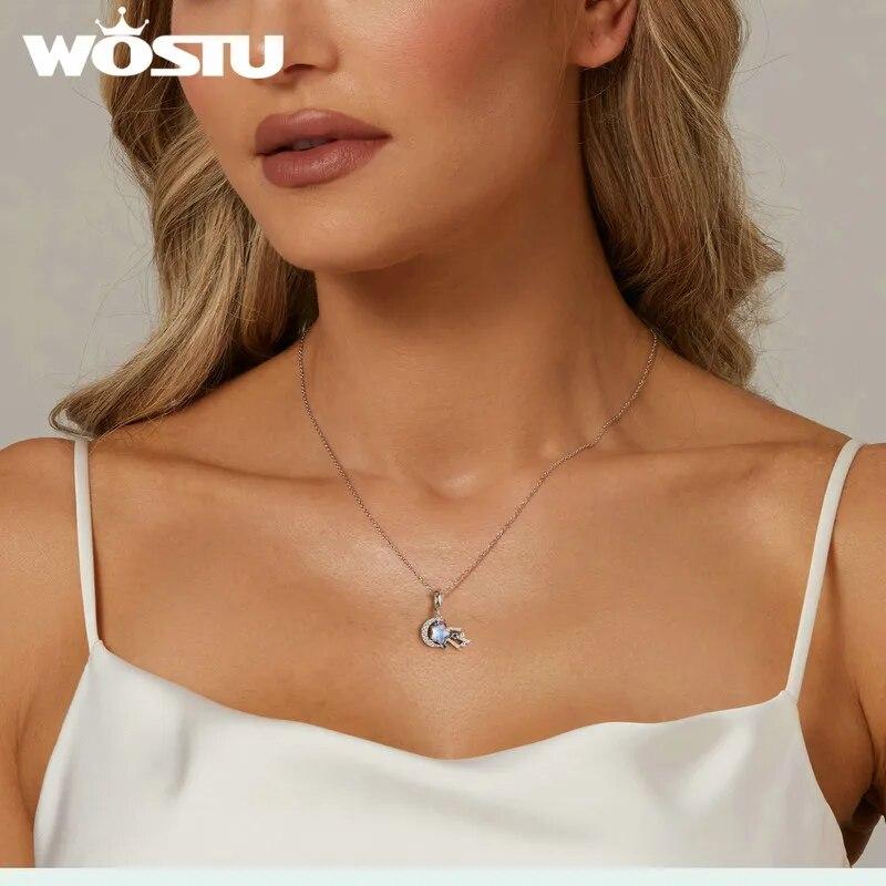 WOSTU 925 Sterling Silver Sparkling Dreamcatcher Shooting Star Pendant Moonstone Astronaut Charm Fit Original Bracelet For Women