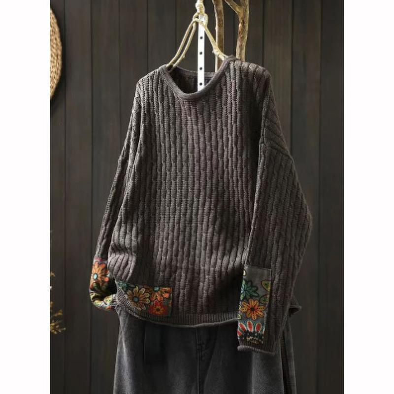 Winter Fall Fashion Vintage Sweater Women's O Neck Loose Casual Lazy Style Casual Pullover Flower Print Patchwork Knitwear