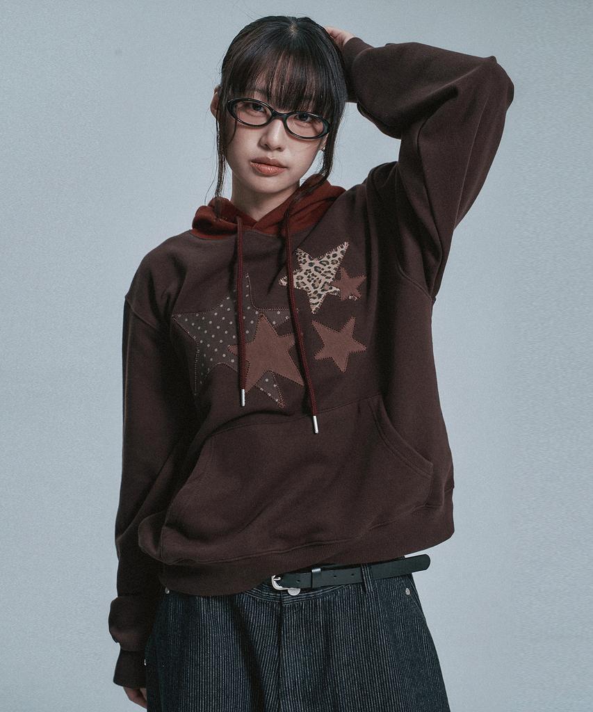 Multi Star Applique Color Block Hoodie - Chocolate Brown