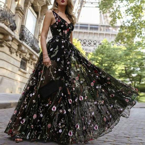 Women Sexy Sleeveless Backless Deep-V Embroider Floral Print Party Maxi Dress