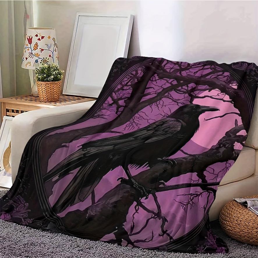 Gotische Kraai Boom Silhouet Gezellige Plaid Deken, Paarse Natuurrand Bank Bed Warm Wikkel, Alle Seizoenen Reisgeschenk