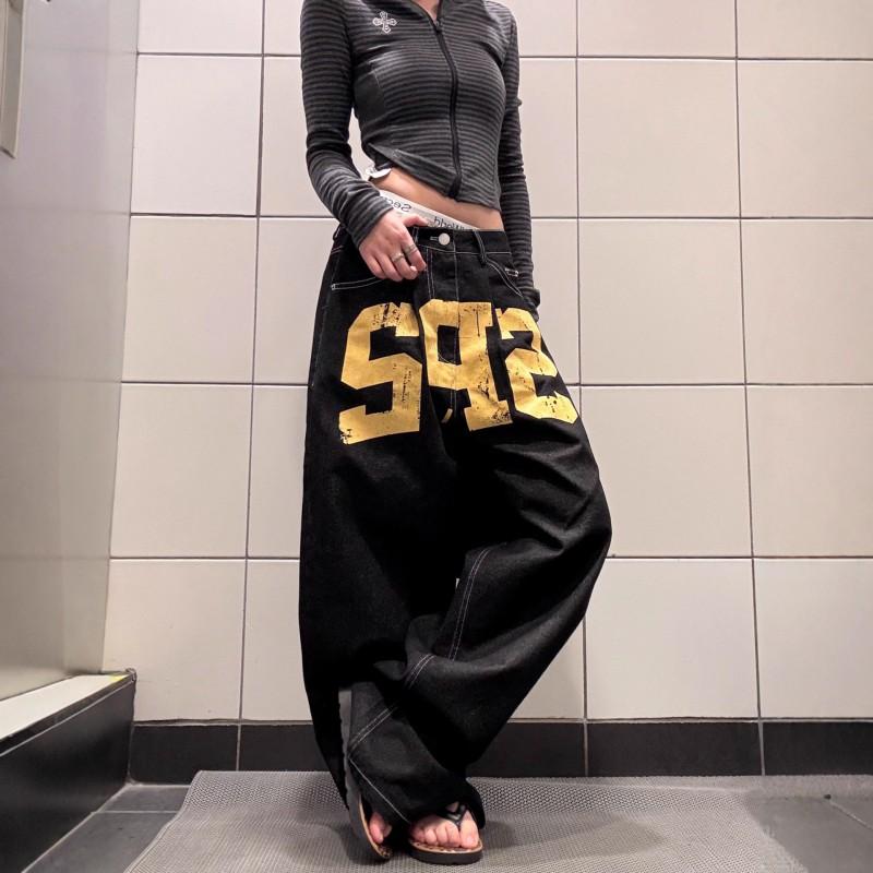Jazz Dance Vintage Digital Print Wide Leg Jeans Loose Straight Casual Streetwear Pants Women