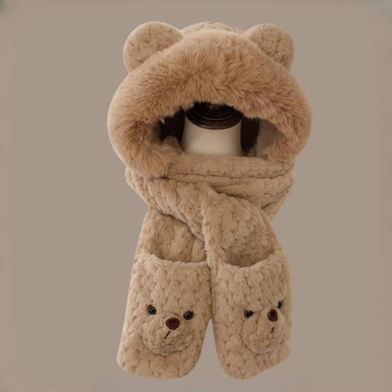 Hat Female Winter Warm Bear Three-Piece Set Plush Thickened Scarf Gloves Body Hat Cold Hat Cute Bear Ears