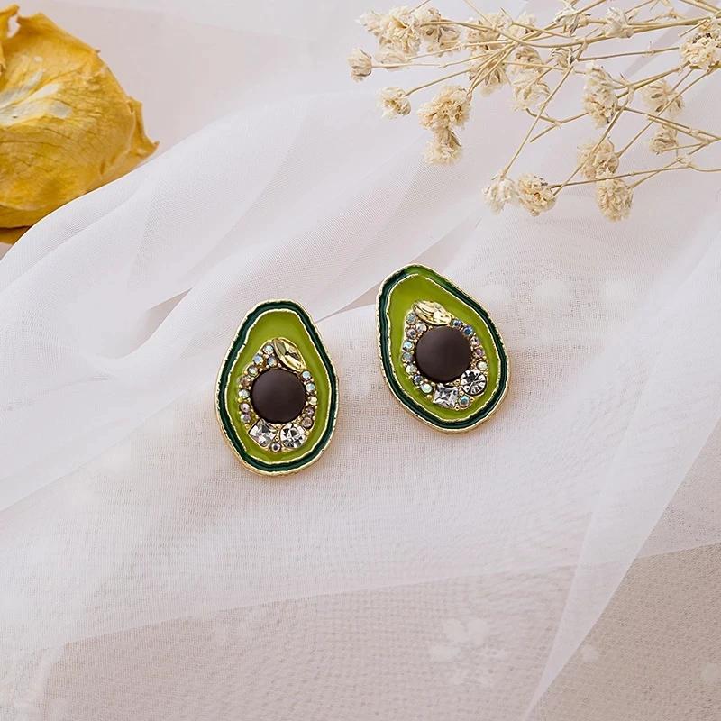Sweet Pineapple Avocado Asymmetric Drop Earrings Gold Alloy Rhinestone Dangle Earrings for Women Party Jewelry