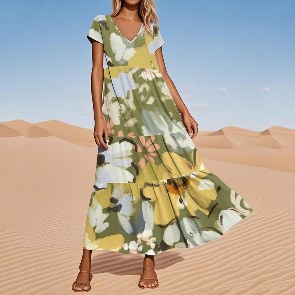Women's Summer Fashion V-Neck Beach Long Short Sleeve Floral Printed Dresses