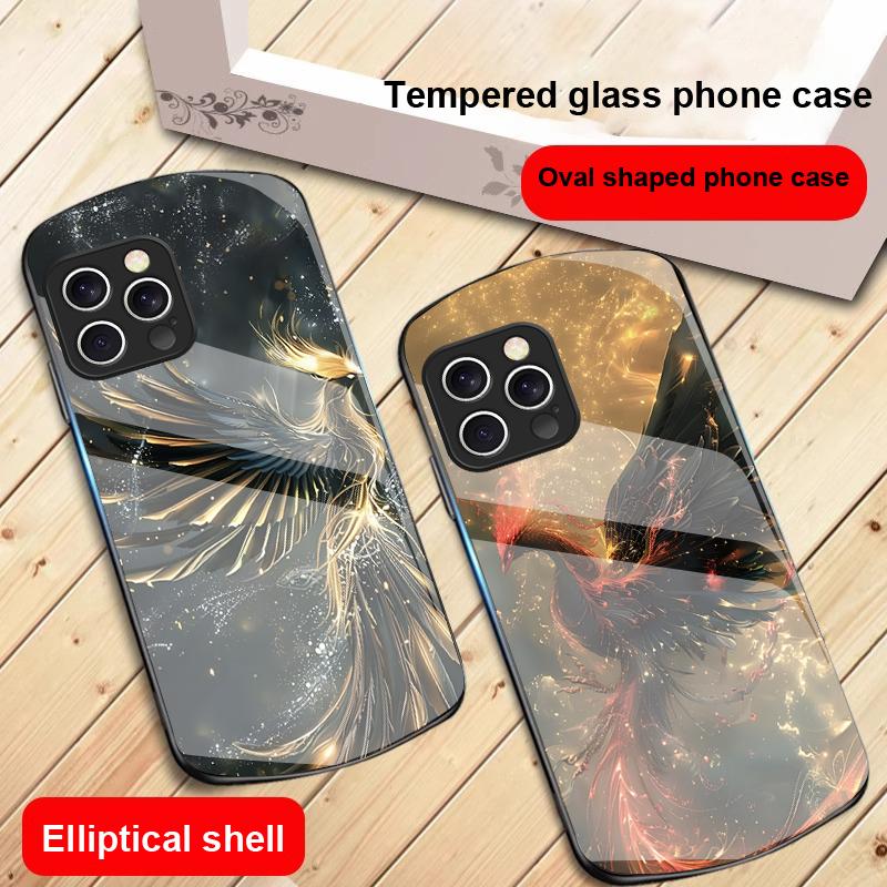 Golden Phoenix Unfolding For IPhone 16 Pro Max 16e 15 Pro 14 13 12 Mini 11 XS Max XR 7 8 Plu SE 22 Elliptical Glass Phone Case
