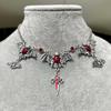 Retro Exaggerated Vampire Bat Cross Tassel Red Glazed Sacred Heart Pendant Necklace for Women Goth Halloween Party Charm Jewelry