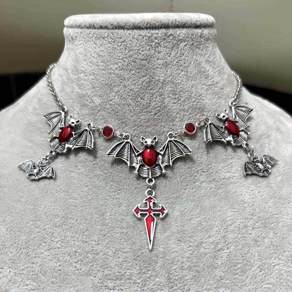 Retro Exaggerated Vampire Bat Cross Tassel Red Glazed Sacred Heart Pendant Necklace for Women Goth Halloween Party Charm Jewelry