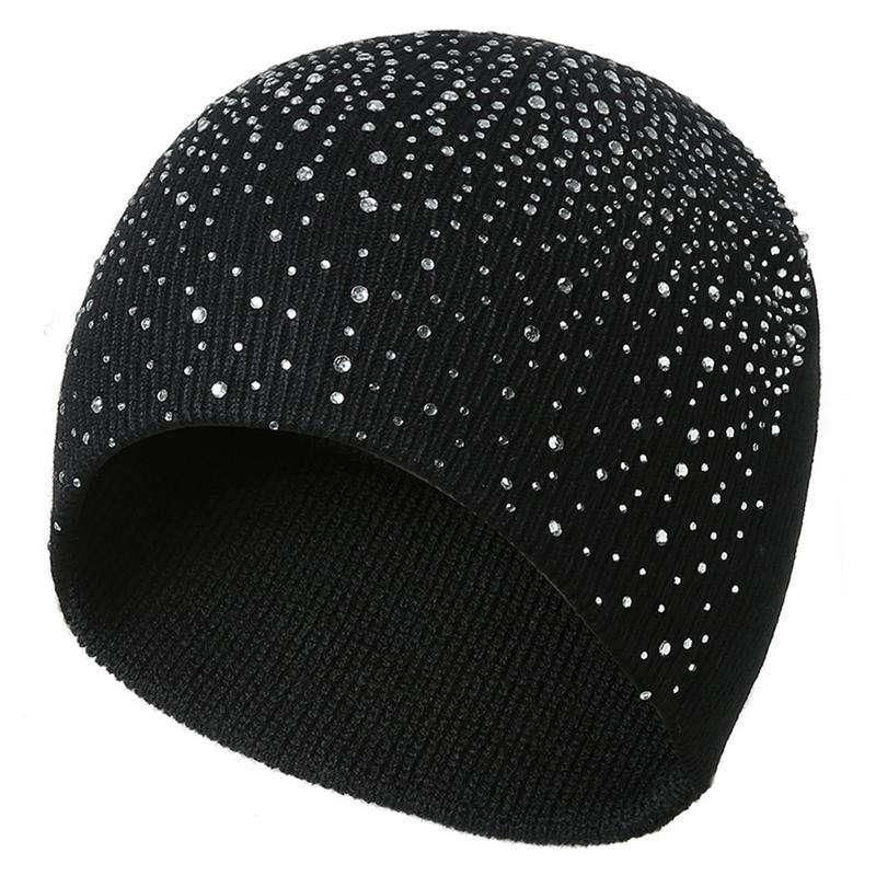 Осенне-зимняя шапка-бини, повседневная вязаная шапка со стразами чёрный