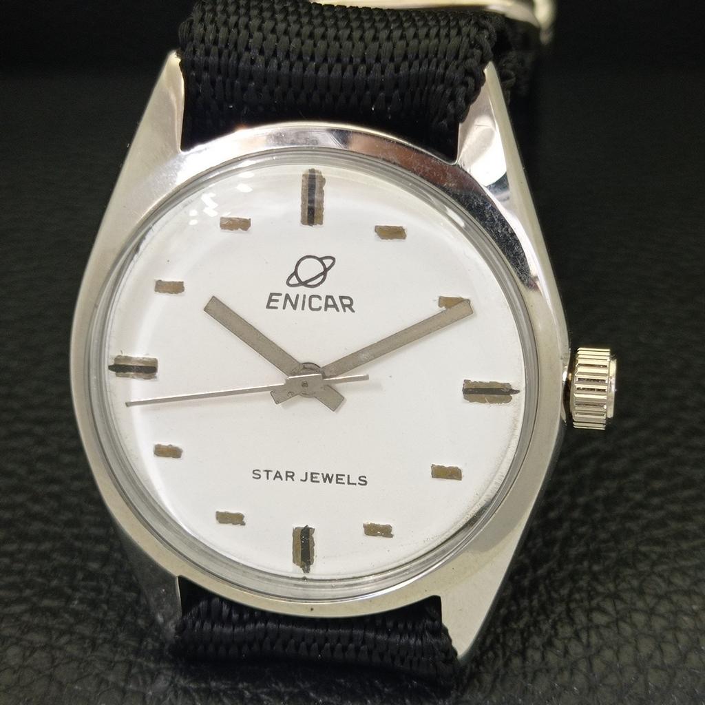 SWISS VINTAGE ENICAR STAR JEWELS 1140 HAND-WINDING MENS WHITE WATCH a702038-5 R208-a702038