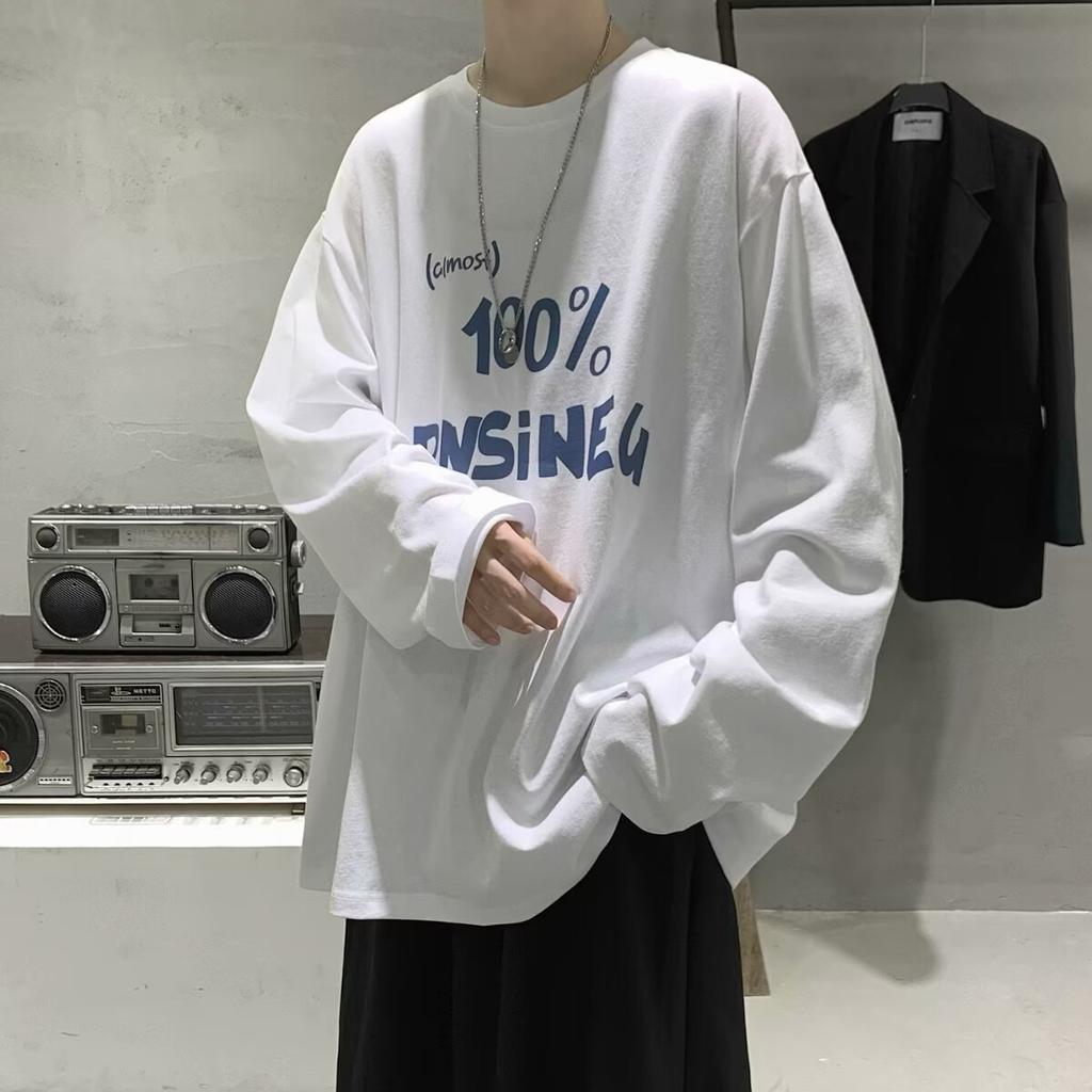 2024 Herren Langarm T-Shirt Herbst Unterhemd Langarm Baumwolle Herbst Hong Kong Stil Druck Lose Trendy Top