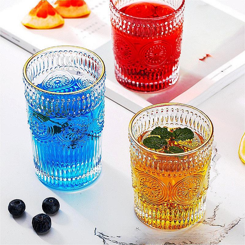 300ml/350ml European Style Drinking Cup Sunflower Relief Wine Glass Transparent Water Cup Whiskey Glass Bar Juice Beverage Cups