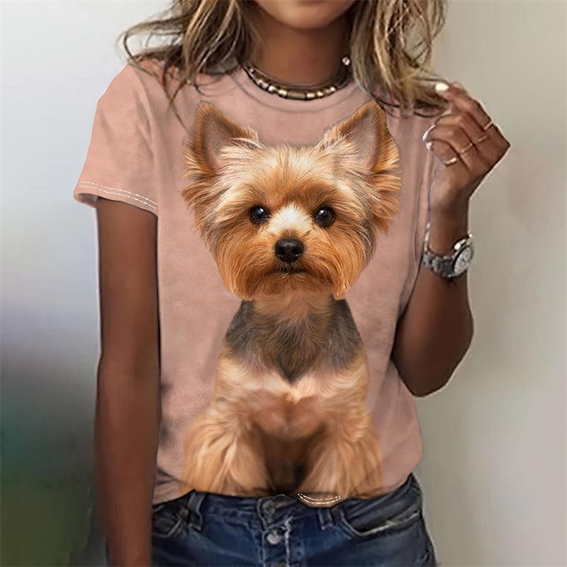 Tägliches Rundhals-Sommer-Damen-T-Shirt mit kurzen Ärmeln, 3D-Druck, kleiner Hund, lässiges T-Shirt