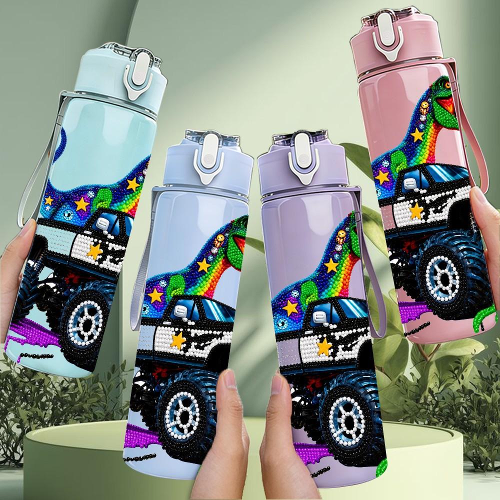 1PC Dinosaur Off Road Truck 750ml Color Plastic Sports Water Bottle Leakproof Flip Straw Lid Suitable for Sports Office Home Use