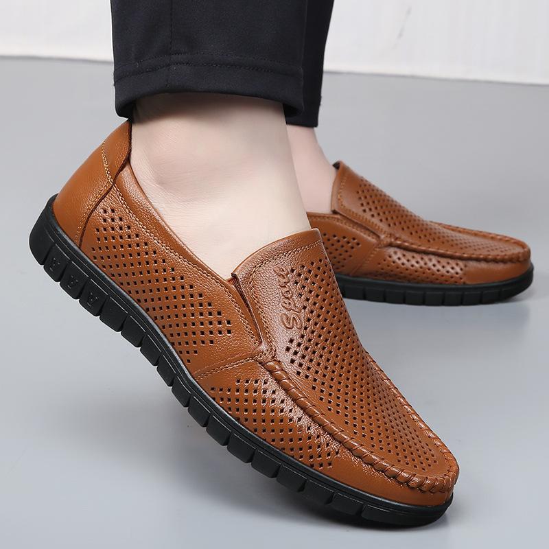 Sandals men's new summer breathable hollow leather shoes men's genuine leather soft-soled casual dad shoes