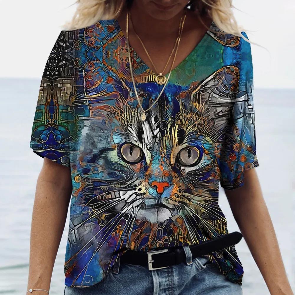 Hot V-neck T-shirt Street Style Y2K Clothing Women's Summer Casual Loose Colorful Cat 3D Printed Short Sleeve Top Retro Style