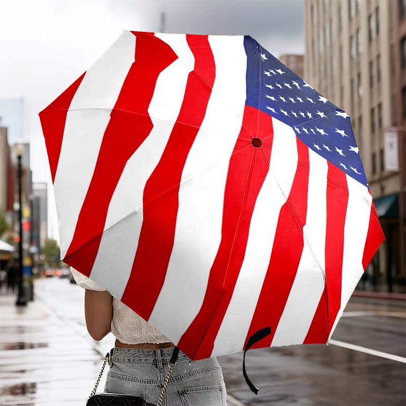 Liberty Statue With American Flag Automatic Folding Umbrella - 8-Rib Travel Umbrella with Auto Portable Case, Ideal Gift for Birthdays
