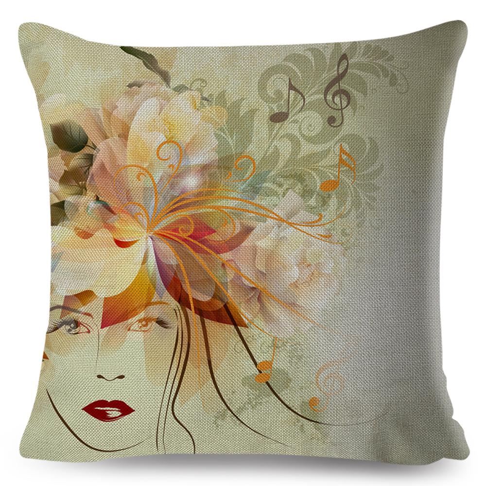 Fashion Woman Art Pillowcase Double Print Boho Lady Cushion Cover Soft Plush Portrait Pillowcase Home Decor