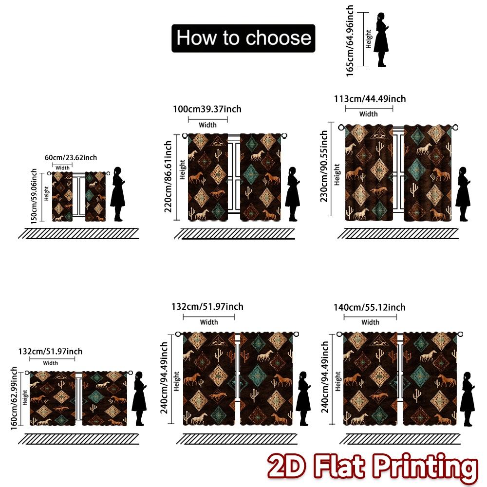 2D FLAT PRINTING 2pcs Curtains (Without Rod) Desert Horses and Cacti Chic Light Filtering Curtains Polyester Easy Install