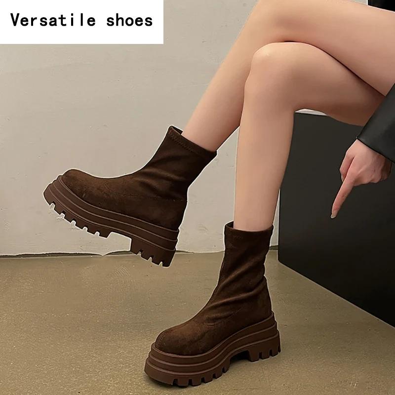 Vintage Platform Increase Women Ankle Boots Fashion Slip On Shoes Autumn Winter British Style Ladies Elegant Short Booties