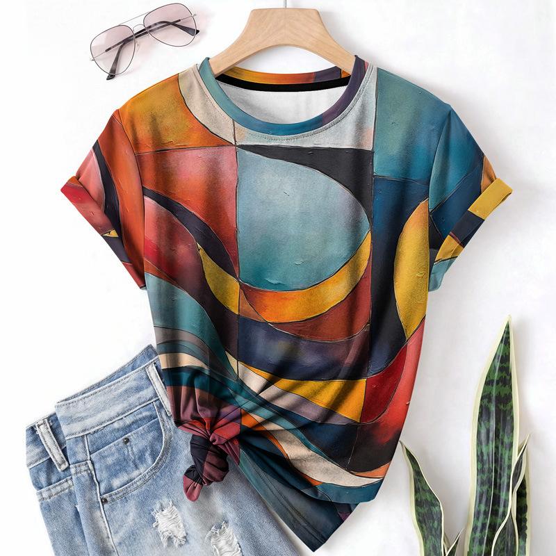 T-shirt da donna estiva a girocollo a maniche corte con motivo astratto stampato in 3D, artistica, leggera, casual e alla moda